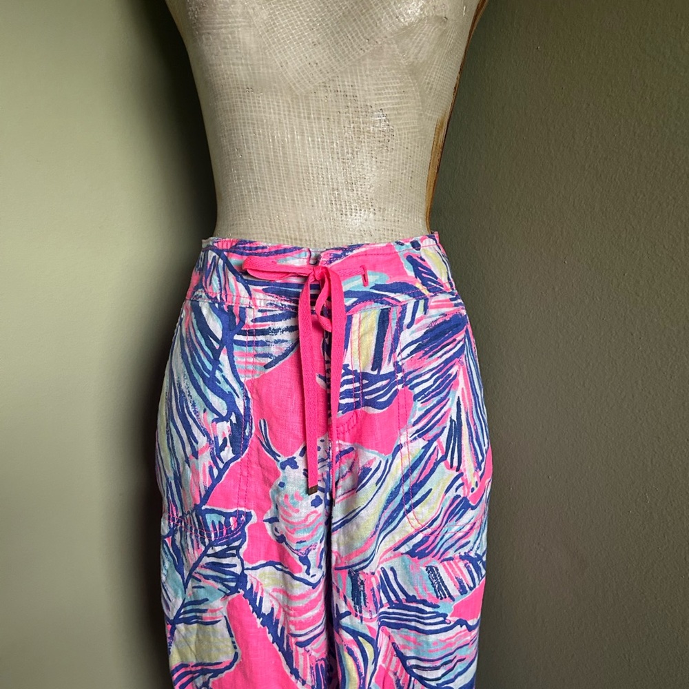 Lilly Pulitzer Linen Floral Print Drawstring Flare Pants Sz 4 - Picture 3 of 11